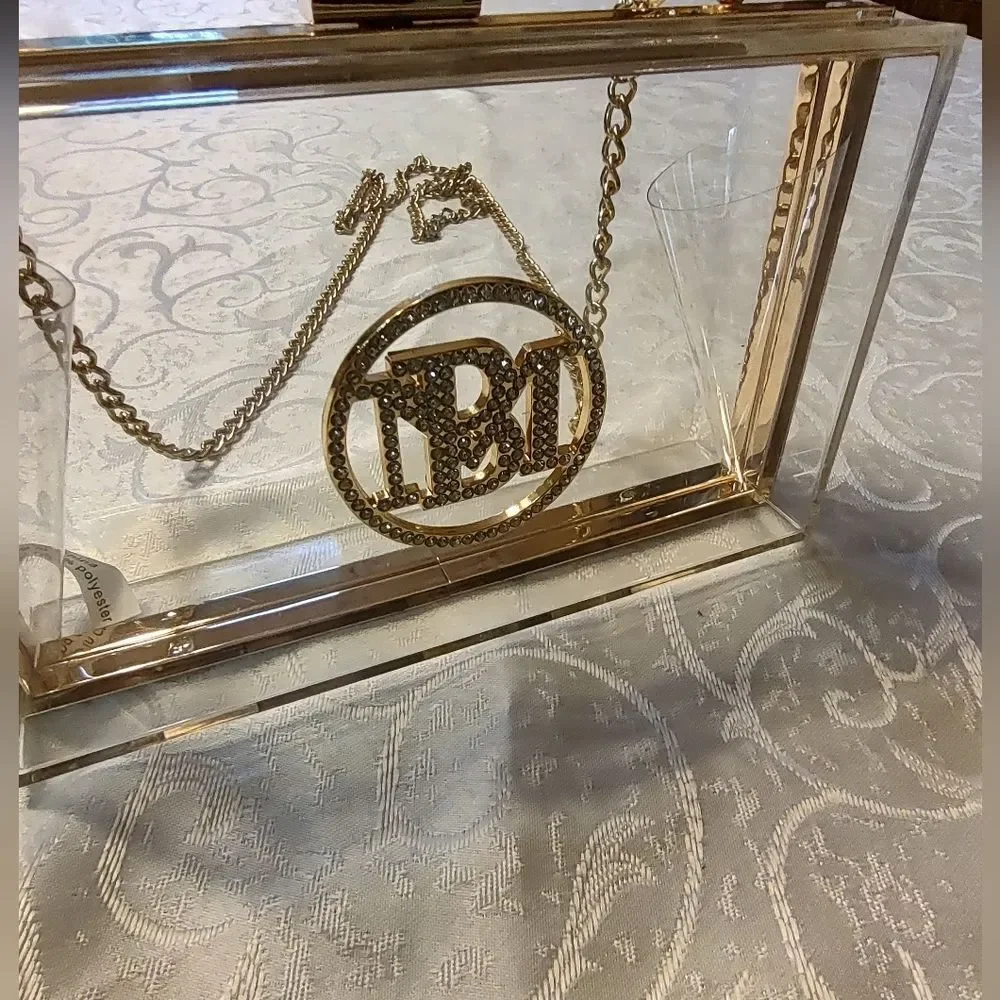 Badgley Mischka Clear Acrylic Box Clutch Gold Chain Rhinestone Evening Bag - Picture 4 of 9